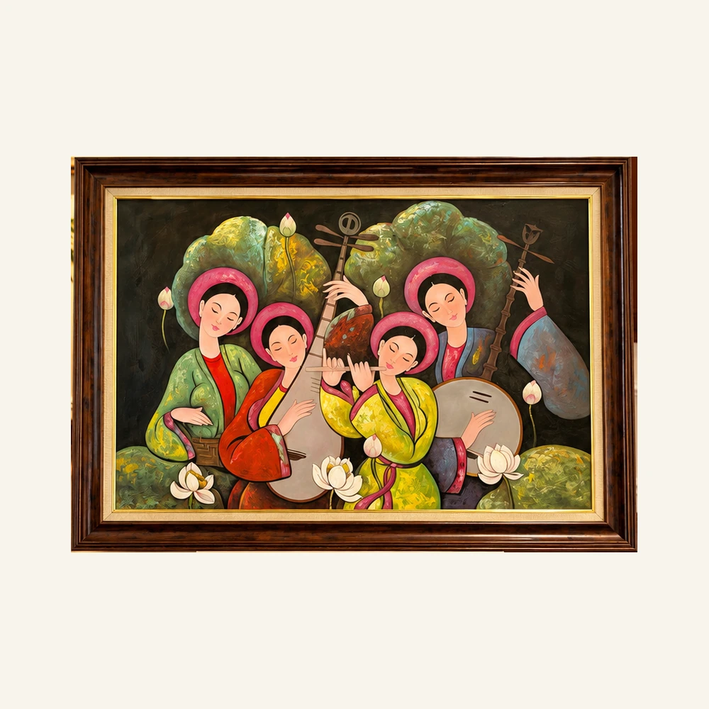 01-khuc-nhac-duoi-tan-sen Tranh Tứ Khúc Dưới Tán Sen 75x105cm – bốn nữ nghệ nhân hòa tấu bên hoa sen