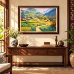 Phối cảnh phòng khách phong cách Đông Dương