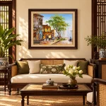 Phối cảnh tranh Tán Cây Phố Cũ trong phòng khách phong cách Indochine