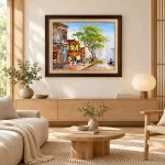 Phối cảnh tranh Tán Cây Phố Cũ trong phòng khách phong cách Japandi