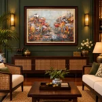 Phối cảnh Bến Nước Phố Thị trong phòng khách phong cách Đông Dương