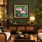 Phối cảnh Hương Sen Hoàng Liên trong phòng khách phong cách Đông Dương
