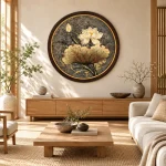 Phối cảnh tranh Liên Hoa Huyền Mặc trong phòng khách phong cách Japandi