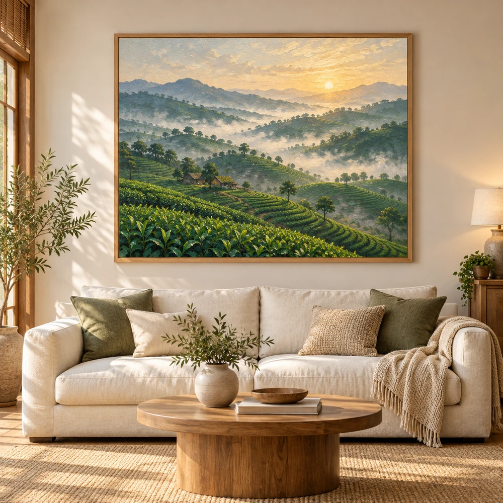 Tranh canvas Sương sớm trên đồi chè trong phòng khách