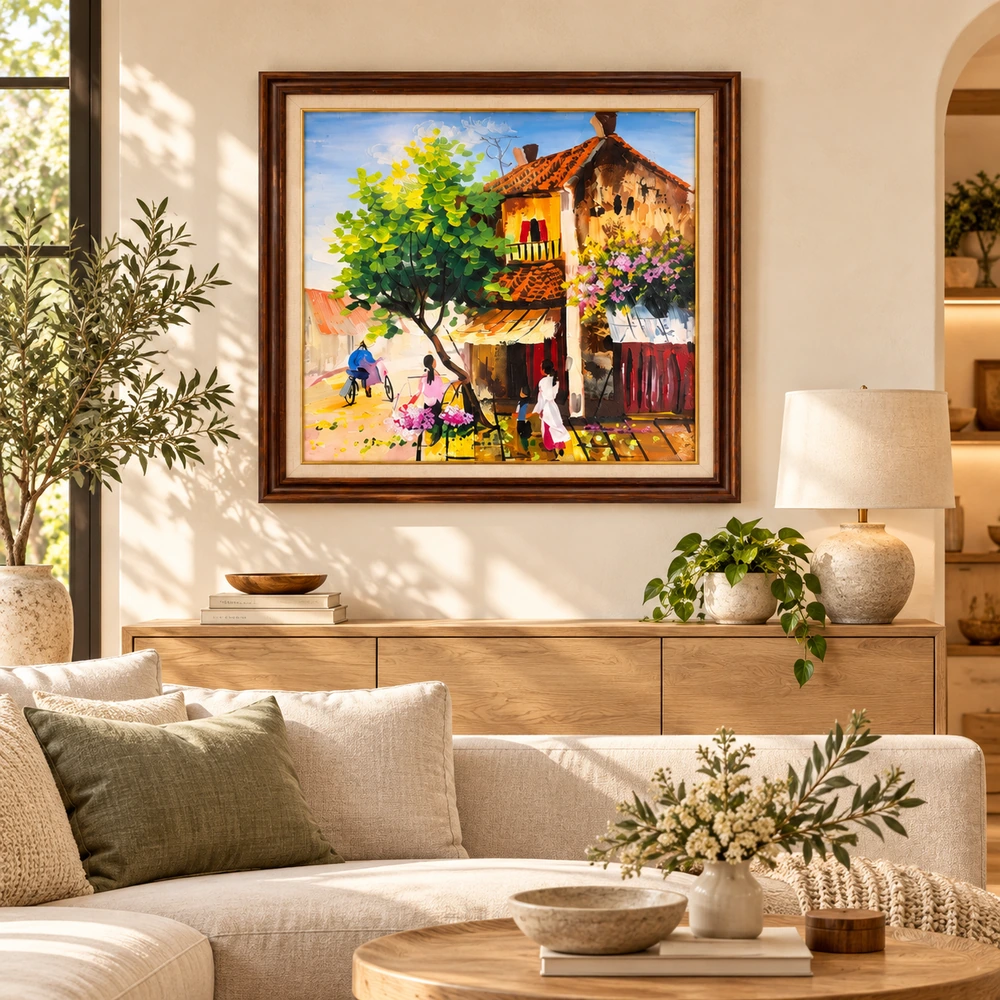 Phối cảnh Nắng Qua Phố Cũ trong phòng khách hiện đại tông sáng