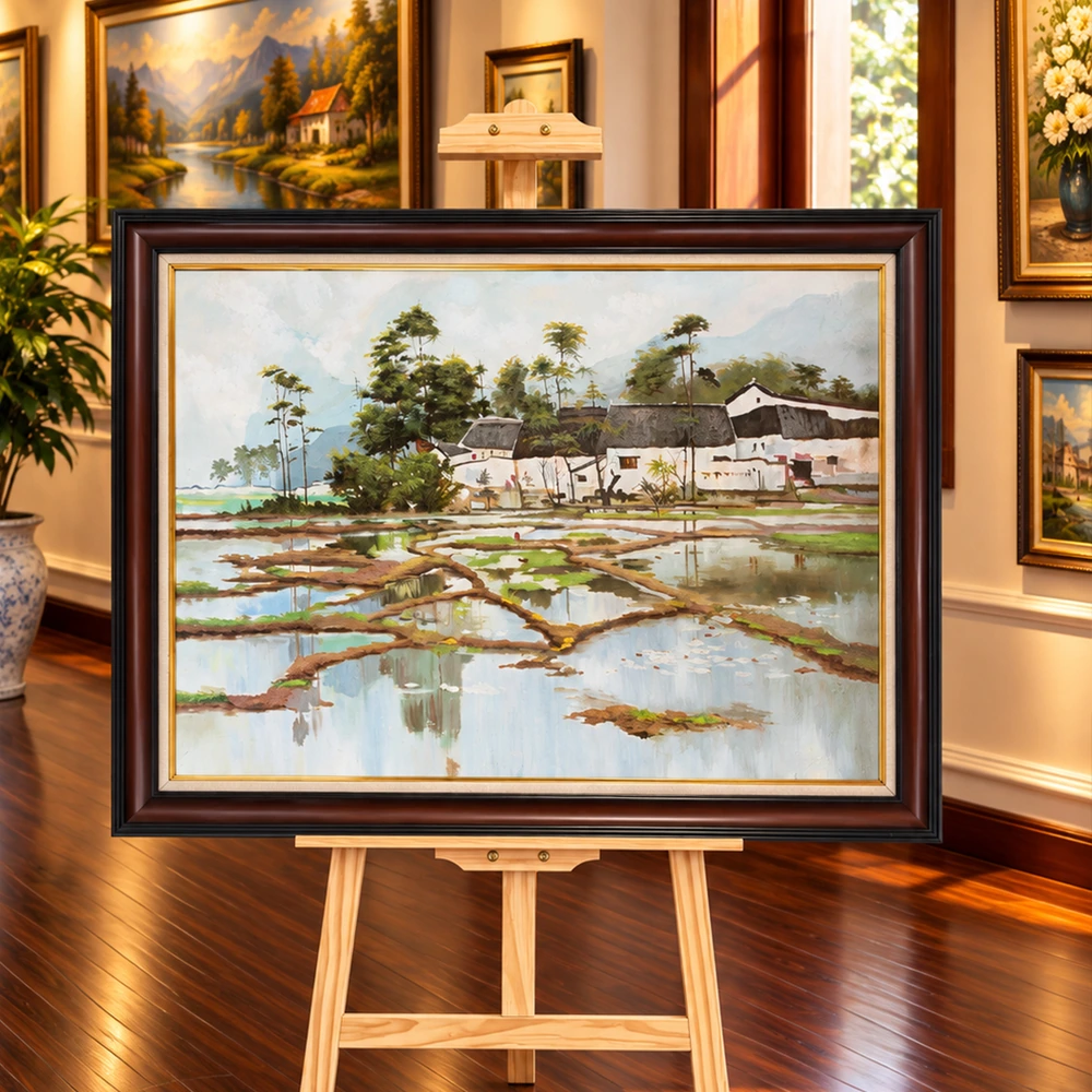 Tranh Thủy Ảnh Làng Xưa, phong cảnh làng quê và ruộng nước, kích thước 75 × 95 cm